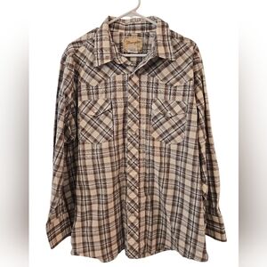 VTG WRANGLER PLAID PEARL SNAP BUTTON UP LONG SLEEVE WESTERN  SHIRT. SIZE 2XL.